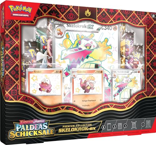 Pokémon-Sammelkartenspiel: Karmesin & Purpur – Paldeas Schicksale: Premium-Kollektion Skelokrok-ex (3 geprägte holografische Promokarten, 1 überdimensionale Promokarte & 8 Boosterpacks) von Pokémon