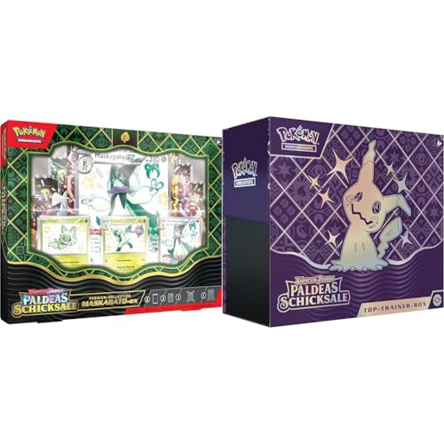 Pokémon-Sammelkartenspiel: Karmesin & Purpur & Sammelkartenspiel: Top-Trainer-Box Karmesin & Purpur – Paldeas Schicksale (9 Boosterpacks, 1 holografische Vollbild-Promokarte & Zubehör) von Pokémon