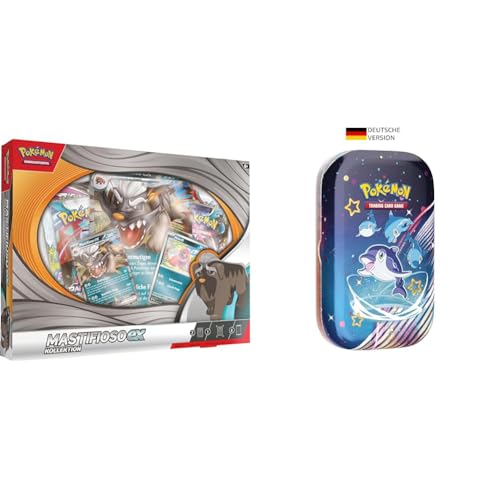 Pokémon-Sammelkartenspiel: Kollektion Mastifioso-ex & Sammelkartenspiel: Mini-Tin-Box Karmesin & Purpur – Paldeas Schicksale: Normifin (2 Boosterpacks, 1 Sticker & 1 Bildkarte) von Pokémon