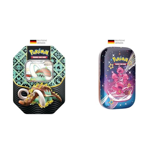 Pokémon-Sammelkartenspiel: Tin-Box Karmesin & Purpur & Sammelkartenspiel: Mini-Tin-Box Karmesin & Purpur – Paldeas Schicksale: Forgita (2 Boosterpacks, 1 Sticker & 1 Bildkarte) von Pokémon