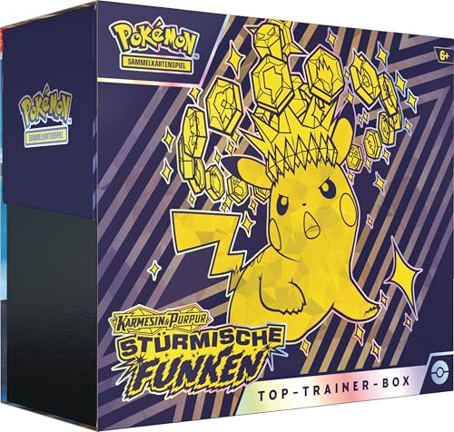 Pokémon-Sammelkartenspiel: Top-Trainer-Box Karmesin & Purpur – Stürmische Funken (1 Vollbild-Promokarte, 9 Boosterpacks & Premium-Zubehör) von Pokémon