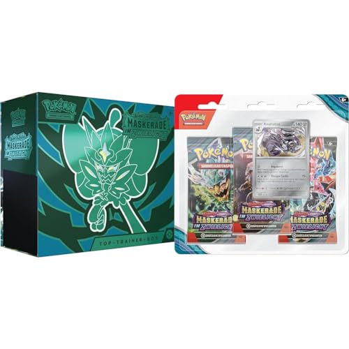 Pokémon-Sammelkartenspiel: Top-Trainer-Box Karmesin & Purpur & Sammelkartenspiel: 3er-Pack-Blister Karmesin & Purpur – Maskerade im Zwielicht: Knattatox (3 Boosterpacks & 1 holografische Promokarte) von Pokémon