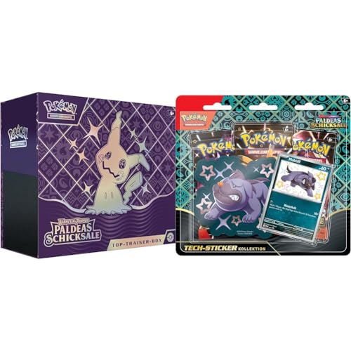 Pokémon-Sammelkartenspiel: Top-Trainer-Box Karmesin & Purpur & Sammelkartenspiel: Tech-Sticker-Kollektion Karmesin & Purpur – Paldeas Schicksale – Mobtiff (1 holografische Promokarte & 3 Boosterpacks) von Pokémon