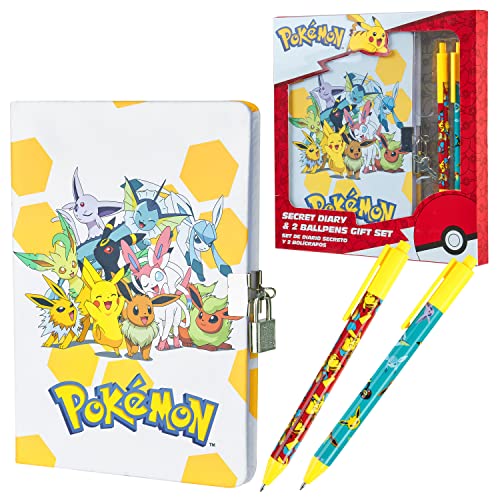 Pokemon Set Schulbedarf, Kinder Tagebuch mit Schloss, Notizbuch, Federmäppchen, Stifte - Geschenke für Jungs (Gelb/Weiß Notizbuch Set) von Pokémon