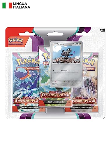 Pokémon Packung mit DREI Umschlägen, Varoom der Erweiterung Scharlachrot und Violett, Entwicklungen in Paldea und eine Holographische Werbekarte von Pokémon