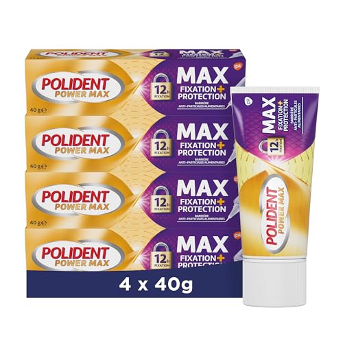 Polident Power Max Fixiercreme + Schutz, Fixiercreme, für Teil- oder Vollzahnersatz, Geschmacksneutral, ohne künstliche Farbstoffe, 4 x 40 g von Polident