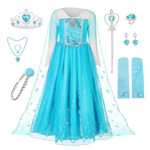 Pollen Elsa Mädchen Prinzessin Kostüm, Prinzessin Kleid Elsa Kinder Kleid 8-teiliges Set mit Krone Diadem Handschuhe Zauberstab usw für Hochzeit Cosplay Karneval Hochzeit Geburtstagsfeier-120 von Pollen