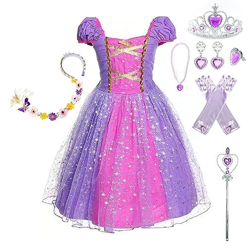 Pollen Prinzessin Kleid Mädchen, Prinzessin Kostüm Kinder Kleid 7-teiliges Set mit Krone Diadem Handschuhe Zauberstab usw für Hochzeit Cosplay Karneval Hochzeit Geburtstagsfeier-110 von Pollen