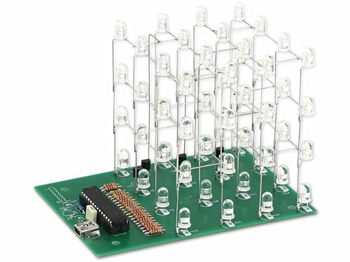 Bausatz LED Cube 4x4x4 | 64 LEDs für beeindruckende 3D-Lichtmuster | Für Fortgeschrittene und Profis | USB-Stromversorgung 5 V | Inkl. Leiterplatte, Bauteile und detaillierter Anleitung von Pollin