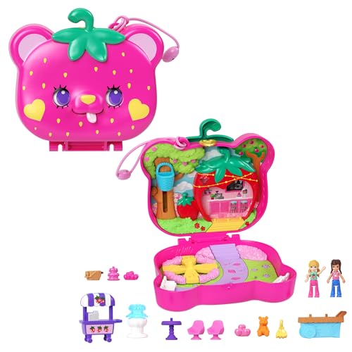 Polly Pocket Erdbeer Bärchen Schatulle - inklusive 2 Puppen, 12 Accessoires und 5 Motiven zum Geschichtenerzählen drehbare Augen und tollem Garten-Spielplatz, für Kinder ab 4 Jahren, HRD35 von Polly Pocket