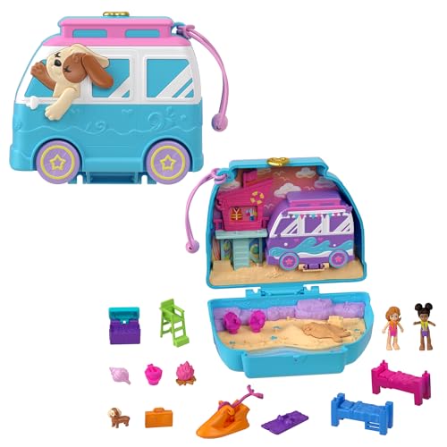 POLLY POCKET Urlaub am Hundestrand Schatulle - Roadtrip-Abenteuer mit 2 Puppen, 12 Accessoires ultimativer Campingplatz am Meer, Lagerfeuer und Rettungsschwimmerturm, für Kinder ab 4 Jahren, HRD36 von Polly Pocket