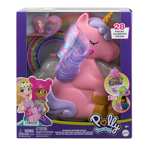 Polly Pocket Mini-Spielzeug, Regenbogen-Einhorn-Salon-Styling-Kopf und Spielset mit 2 kleinen Puppen, über 20 Zubehörteilen und beweglichen Spielelementen, HYD97, [Mehrfarbig] von Polly Pocket