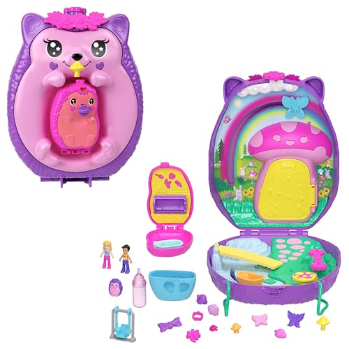 Polly Pocket 2-in-1 Reisespielzeug mit 2 Mikropuppen und 16 Accessoires, Igel-Handtaschen-Spielset, Haustierthema, JBJ91 von Polly Pocket