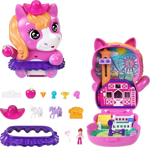 Polly Pocket Puppen und Spielset, Pony-Rodeo-Schatulle, Spielzeug für unterwegs mit 1 kleinen Puppe, Pferdchen, Zubehör für Mode und Essen, JCR39 von Polly Pocket