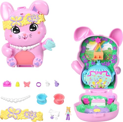 Polly Pocket Puppen und Spielset, Teeparty-Häschen-Schatulle, Spielzeug für unterwegs mit 1 kleinen Puppe, Häschen, Zubehör für Styling und Essen, JCR40 von Polly Pocket