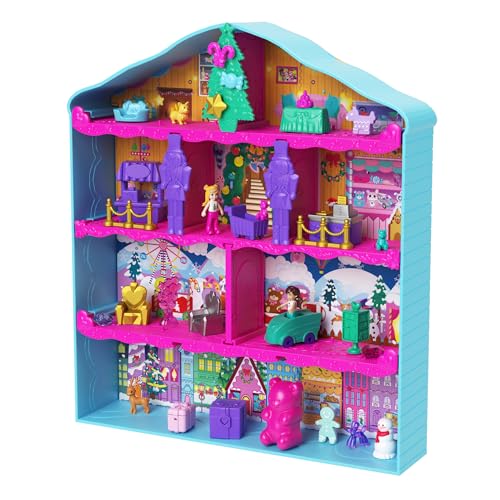 Adventskalender mit Polly Pocket Puppen, Lebkuchenhaus-Spielset mit 24 Überraschungen, Puppenhausmöbel, Spielzeugauto und Weihnachtszubehör, HWP33 von Polly Pocket