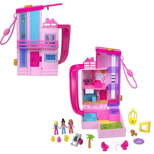 Polly Pocket Barbie-Traumvilla-Schatulle, Puppenhaus-Spielset mit 3 Mikropuppen, 1 Hündchen, 11 Zubehörteilen, Aufzug & Pool, HWP11 von Polly Pocket