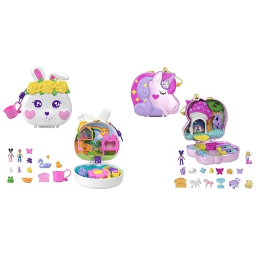 Polly Pocket Blumen-Häschen Schatulle - Spielset mit Wasserspaß und Farbwechseleffekt & Einhorn, in Wald-Wunder Thema, mit 13 Zubehörteilen wie 2 Puppen von Polly Pocket