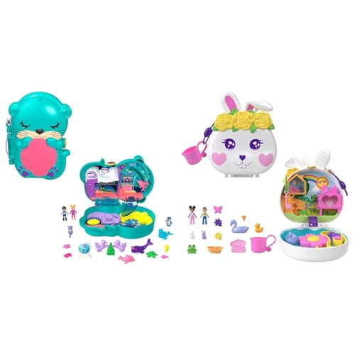 Polly Pocket Blumen-Häschen Schatulle - Spielset mit Wasserspaß und Farbwechseleffekt & HCG16 - Otter Aquarium, Aquarium-Thema mit Micro Polly & Nicolas Puppen von Polly Pocket