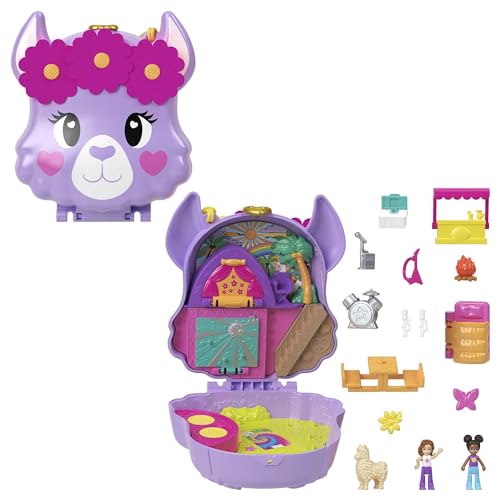 Polly Pocket Camp Abenteuer - Lama Schatulle Spielset mit 2 Puppen, 5 Spielelementen, 13 Accessoires, Zelt, Bühne, Limonadenstand, Handgelenkband, für Kinder ab 4 Jahren, HKV33 von Polly Pocket