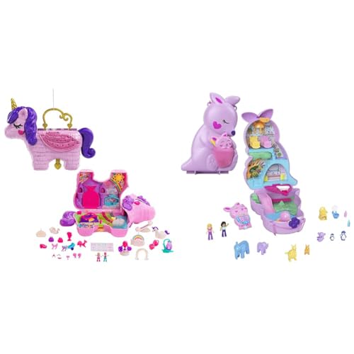 Polly Pocket Einhorn, in Prinzessinnen Schloss Thema & Mama und Joey Känguru Tasche - 2-in-1-Spielset mit Tierkinderzimmer von Polly Pocket