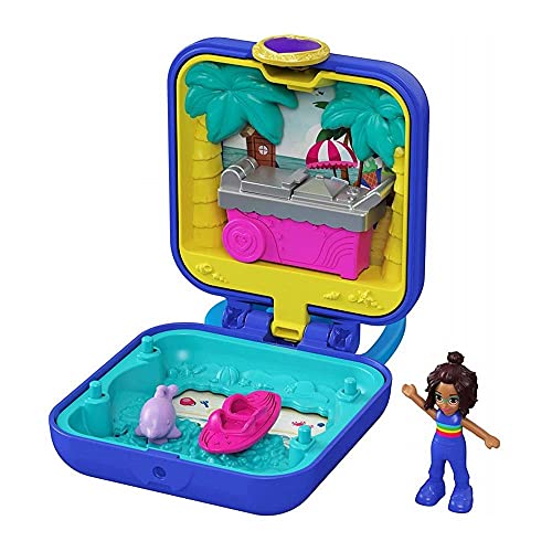 Polly Pocket GKJ44 - Shanis Tropischer Strand-Schatulle mit mobilem Eiswagen, Surfbrett, Delfinfigur, Foto Personalisierung, Shani Minipuppe und Stickerbogen; Spielzeug für Kinder ab 4 Jahren von Polly Pocket