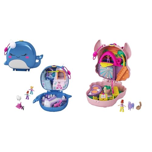 Polly Pocket GKJ52 - Narwal-Eisspaß Schatulle mit lustigen Überraschungen & GKJ50 - Lama-Musikparty Schatulle, Bühne, drehbare Tanzfläche, Imbissstände von Polly Pocket