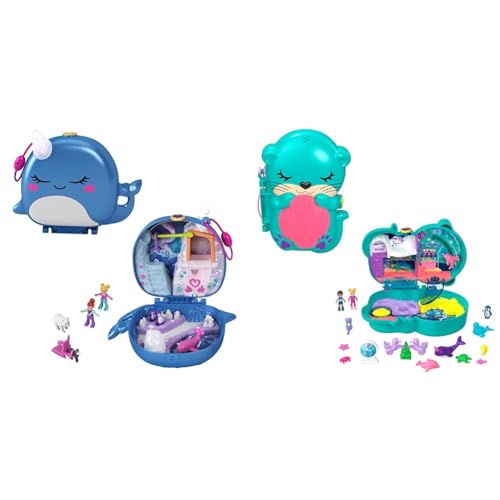 Polly Pocket GKJ52 - Narwal-Eisspaß Schatulle mit lustigen Überraschungen & HCG16 - Otter Aquarium, Aquarium-Thema mit Micro Polly & Nicolas Puppen von Polly Pocket