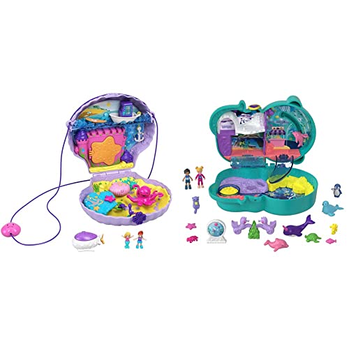 Polly Pocket GNH11 - Muschel-Tasche mit Riemen, lustigen Unterwasser-Funktionen, Kleiner Polly und Lila Meerjungfrau Puppen, ab 4 Jahren & HCG16 - Otter Aquarium, ab 4 Jahren von Polly Pocket