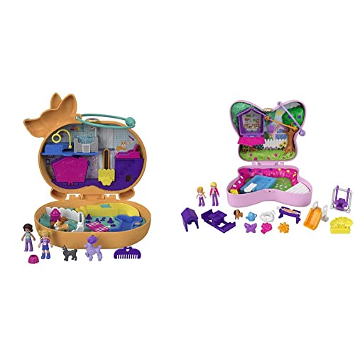 Polly Pocket GTN13 - Corgi-Hundehotel Schatulle im Haustierhotel-Design, 2 Hundefiguren, ab 4 Jahren & GTN21 - Schmetterlingsgarten-Schatulle, 2 kleine Puppen, 5 Überraschungen, ab 4 Jahren von Polly Pocket