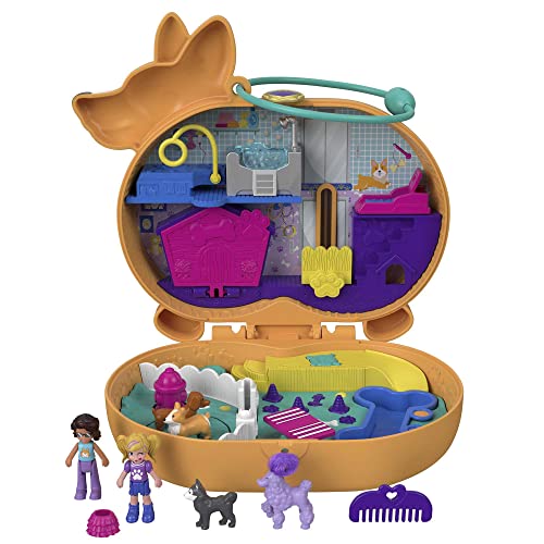 Polly Pocket GTN13- Corgi-Hundehotel Schatulle Im Haustierhotel-Design, Kleine Polly Und Shani Puppen, 2 Hundefiguren (Pudel & Husky), Ãœberraschungseffekten, Spielzeug Geschenk Für Kinder Ab 4 Jahren von Polly Pocket