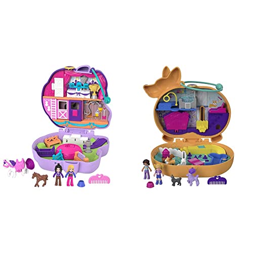 Polly Pocket GTN14 - Pony Springspaß-Schatulle, Reitturnier-Design, kleine Polly Puppe & Freundin & GTN13 - Corgi-Hundehotel Schatulle im Haustierhotel-Design, kleine Polly und Shani Puppen von Polly Pocket