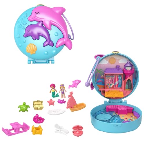 Polly Pocket GTN20 - Delfinstrand Schatulle, 2 kleine Puppen, 5 Überraschungen, 13 Zubehörteile, Pop + Swap-Funktion, Spielzeug ab 4 Jahren von Polly Pocket