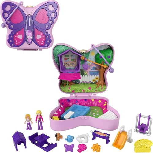 Polly Pocket GTN21 - Schmetterlingsgarten-Schatulle, 2 kleine Puppen, 5 Überraschungen, 13 Zubehörteile, Pop + Swap-Funktion, Spielzeug ab 4 Jahren von Polly Pocket