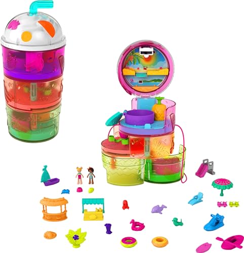 Polly Pocket GYW08 - Ausklappspaß-Schatulle Fruchtsmoothie, Spielset in Form eines tropischen Fruchtsmoothies, Wasserpark-Thema, drei Etagen, ab 4 Jahren von Mattel