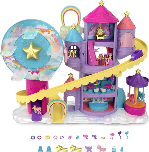 Polly Pocket HBT13 - Regenbogen-Einhornspaß Freizeitpark, 3 Verschiedene Freizeitpark-Attraktionen, 7 Spielbereiche, 2 Puppen, 2 Einhörner und 25 Überraschungen (insgesamt 30 Spielteile), ab 4 Jahren von Polly Pocket