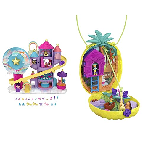 Polly Pocket HBT13 - Regenbogen-Einhornspaß Freizeitpark, 3 Verschiedene Freizeitpark-Attraktionen, 7 Spielbereiche & GKJ64 - Ananas-Taschen-Schatulle, tragbar, mit 8 lustigen Funktionen von Polly Pocket