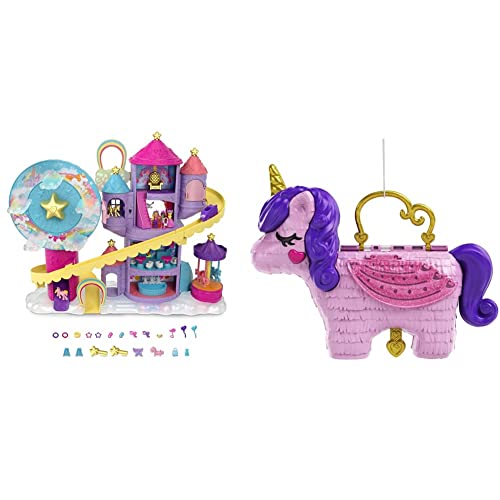 Polly Pocket HBT13 - Regenbogen-Einhornspaß Freizeitpark, 3 Verschiedene Freizeitpark-Attraktionen, 7 Spielbereiche & GVL88 - Einhorn-Party, großes Spielset mit Kleiner Polly und Lila Puppe von Polly Pocket