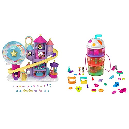 Polly Pocket HBT13 - Regenbogen-Einhornspaß Freizeitpark, 3 Verschiedene Freizeitpark-Attraktionen, 7 Spielbereiche & HFP99 - Ausklappspaß-Schatulle Fruchtsmoothie, Spielset in Form von Polly Pocket