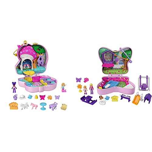 Polly Pocket HCG20 - Einhorn Tee-Party Spielset, Schatulle mit Glitzer-Einhorn, 2 Micro-Puppen und 13 Zubehör-Teilen, ab 4 Jahren & GTN21 - Schmetterlingsgarten-Schatulle, ab 4 Jahren von Polly Pocket