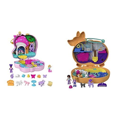 Polly Pocket HCG20 - Einhorn Tee-Party Spielset, Schatulle mit Glitzer-Einhorn,ab 4 Jahren & GTN13 - Corgi-Hundehotel Schatulle im Haustierhotel-Design, kleine Polly und Shani Puppen, ab 4 Jahren von Polly Pocket