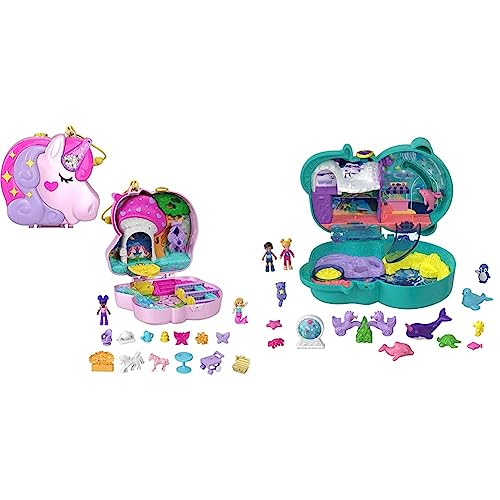 Polly Pocket HCG20 - Einhorn Tee-Party Spielset, Schatulle mit Glitzer-Einhorn & HCG16 - Otter Aquarium, Aquarium-Thema mit Micro Polly & Nicolas Puppen von Polly Pocket