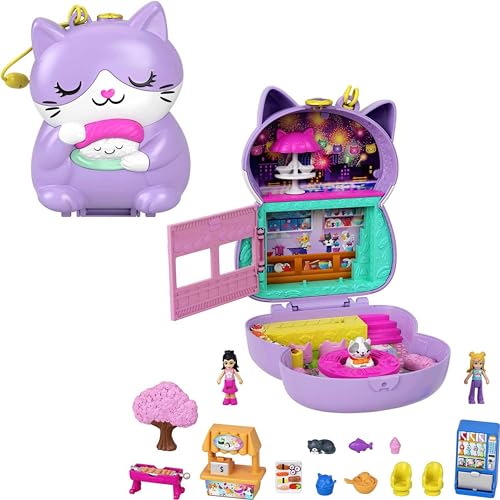 Polly Pocket HCG21 - Zen Cat Katzen-Restaurant Spielset, Schatulle mit 2 Micro-Puppen und 12 Zubehör-Teilen, Spielzeug für Kinder ab 4 Jahren von Polly Pocket