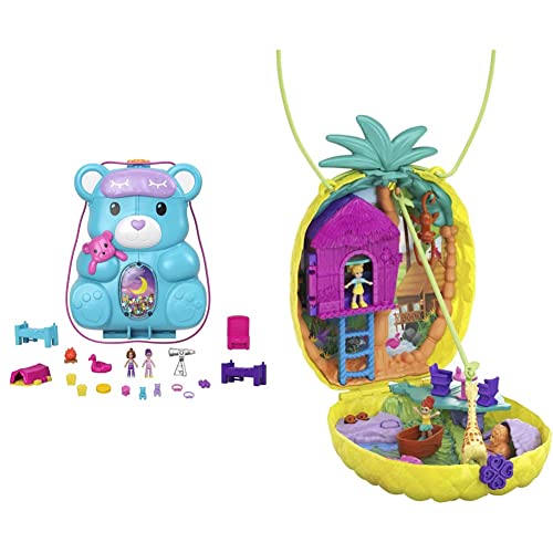 Polly Pocket HGC39 - Teddy Bär Handtaschen-Spielset, Übernachtungsthema mit 2 Micro Puppen und 16 Accessoires & GKJ64 - Ananas-Taschen-Schatulle, tragbar, mit 8 lustigen Funktionen von Polly Pocket