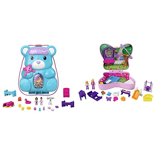 Polly Pocket HGC39 - Teddy Bär Handtaschen-Spielset, Übernachtungsthema mit 2 Micro Puppen und 16 Accessoires & GTN21 - Schmetterlingsgarten-Schatulle, 2 Puppen, 5 Überraschungen, 13 Zubehörteile von Polly Pocket