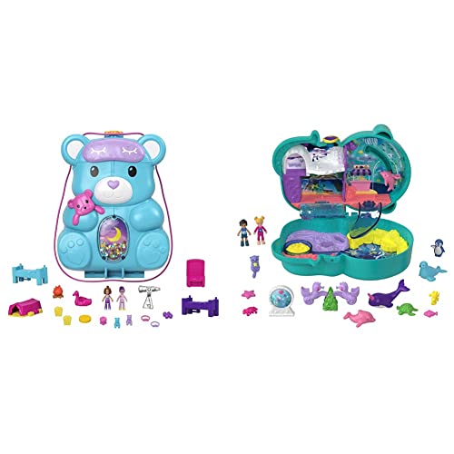 Polly Pocket HGC39 - Teddy Bär Handtaschen-Spielset, Übernachtungsthema mit 2 Micro Puppen und 16 Accessoires & HCG16 - Otter Aquarium, Aquarium-Thema mit Micro Polly & Nicolas Puppen von Polly Pocket