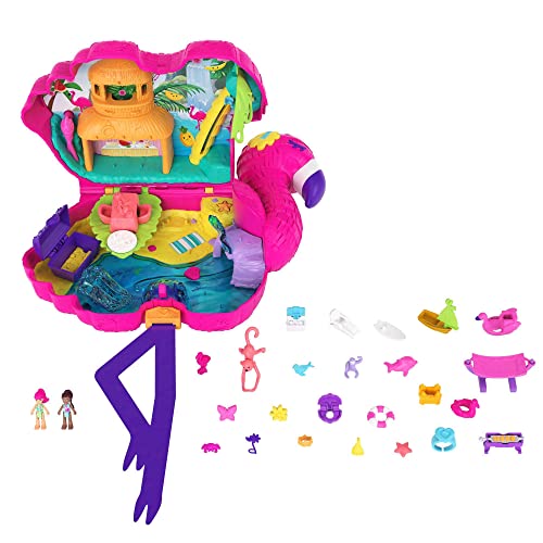 Polly Pocket HJN76 - Flamingo-Party, großes Spielset mit 26 Überraschungen, Pop + Swap-Funktion, Tropische Party-Spielbereiche: Palmenrutsche, Schaukel, Wasserbereich uvm, für Kinder ab 4 Jahren von Polly Pocket