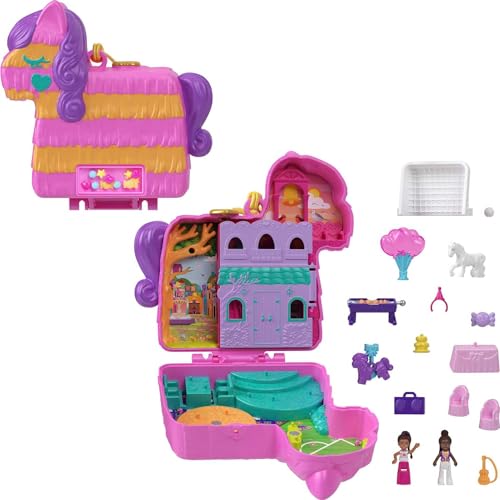 Polly Pocket Piñata-Party Schatulle - Pferde-Piñata, Glitzerfenster, 2 Puppen, 5 Spielelemente, 13 Accessoires, für Kinder ab 4 Jahren, HKV32 von Polly Pocket