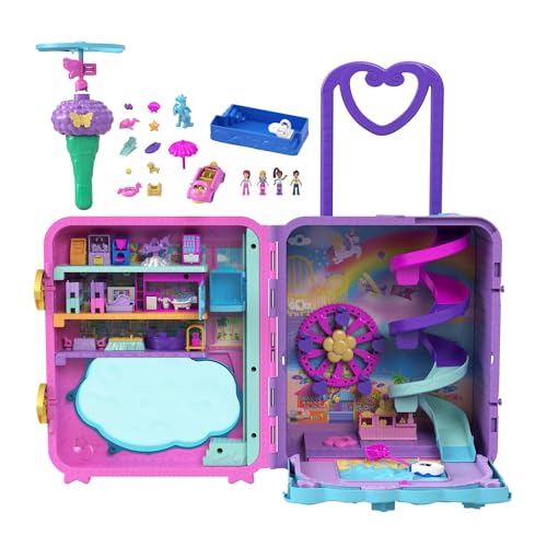 Polly Pocket Pollyville Urlaub im Rollkoffer - 4 Puppen, 1 Fahrzeug, 25+ Zubehörteile, Strand, Promenade, dreistöckiges Hotel mit Helikopter, für Kinder ab 4 Jahren, HKV43 von Polly Pocket