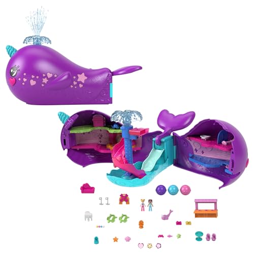 Polly Pocket Sparkle Cove Adventure Narwalabenteurer Boot - 2 Puppen, 3 auflösbare Perlen, 13 Zubehörteile, 2 Etagen, 6 Spielbereiche, Wasserspieloptionen, für Kinder ab 4 Jahren, HKV71 von Polly Pocket